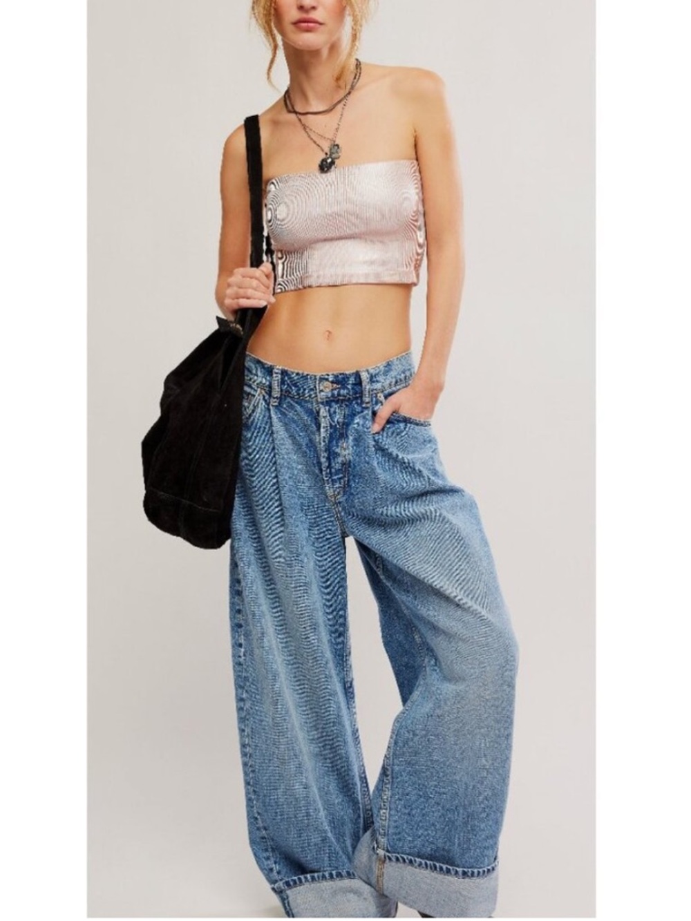 Free People Sz M/L Metallic Blush Tone Ribbed Foil Bandeau Top NWT